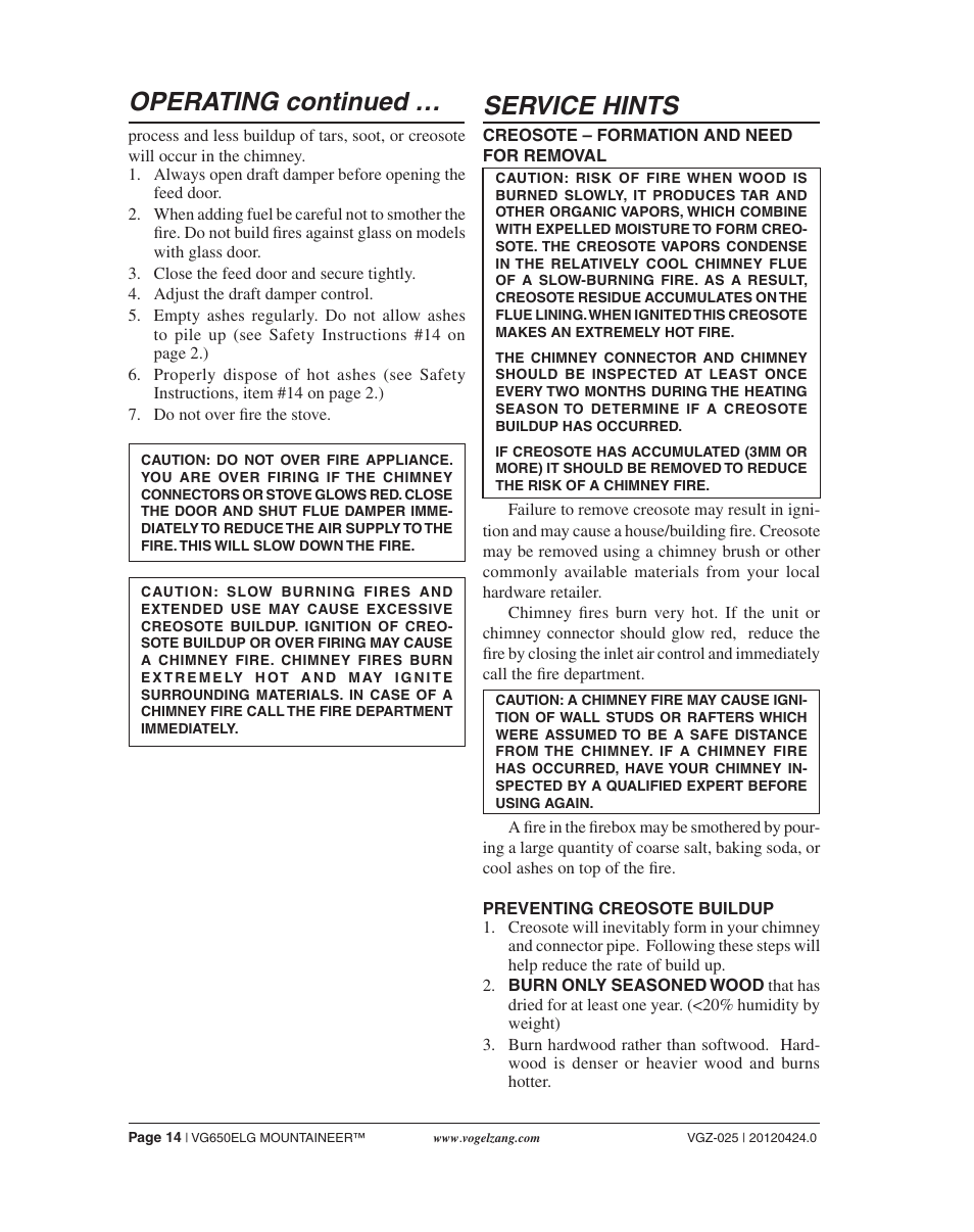 Operating continued, Service hints | Vogelzang VG650ELG User Manual | Page 14 / 22