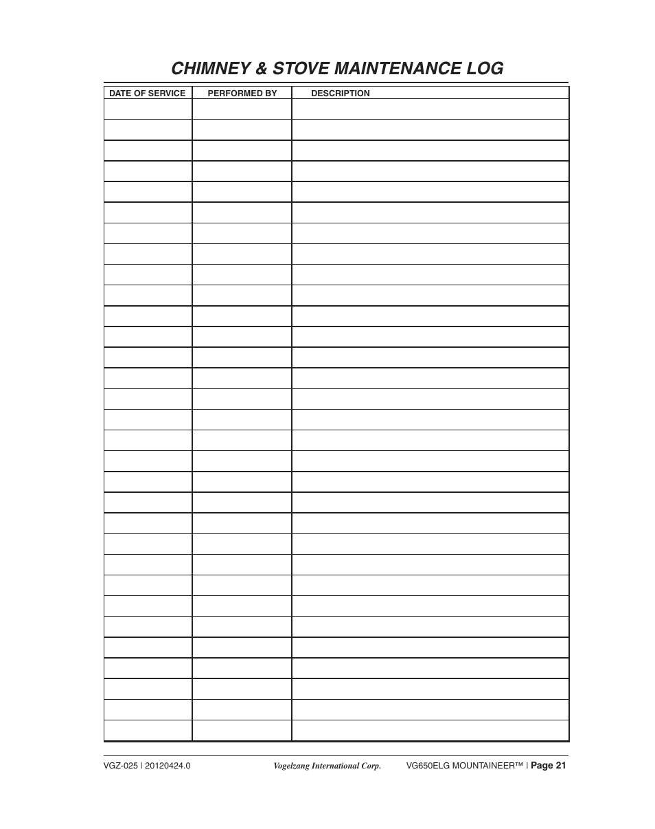 Chimney & stove maintenance log | Vogelzang VG650ELG User Manual | Page 21 / 22