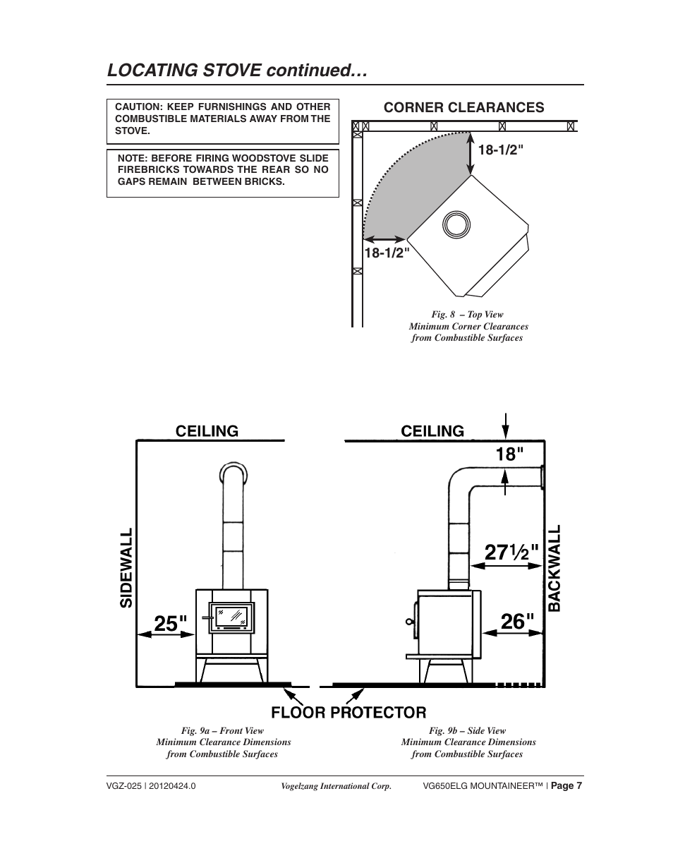 Locating stove continued, 1/2" corner clearances | Vogelzang VG650ELG User Manual | Page 7 / 22