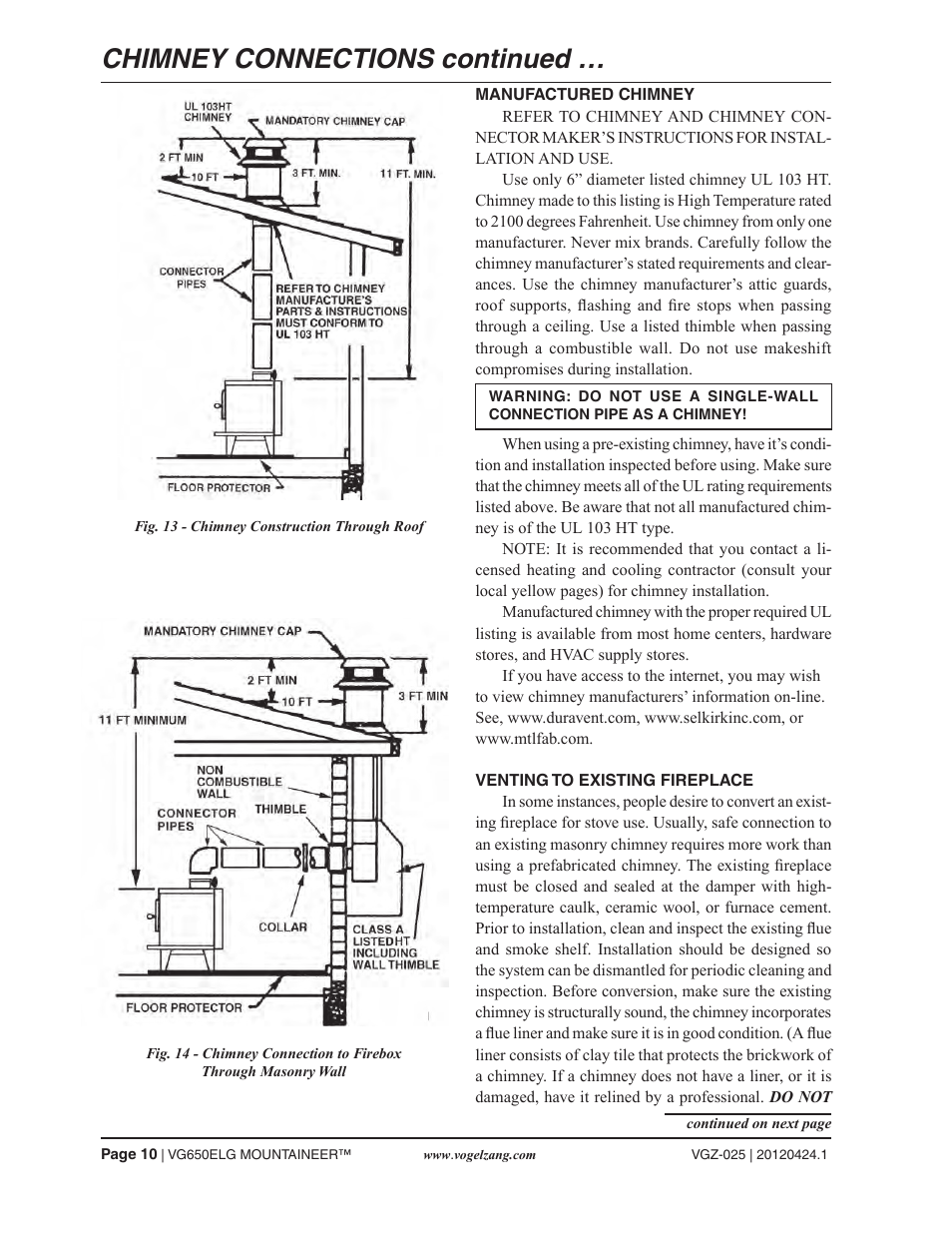 Chimney connections continued | Vogelzang VG650ELG (new as of 2013) User Manual | Page 10 / 22