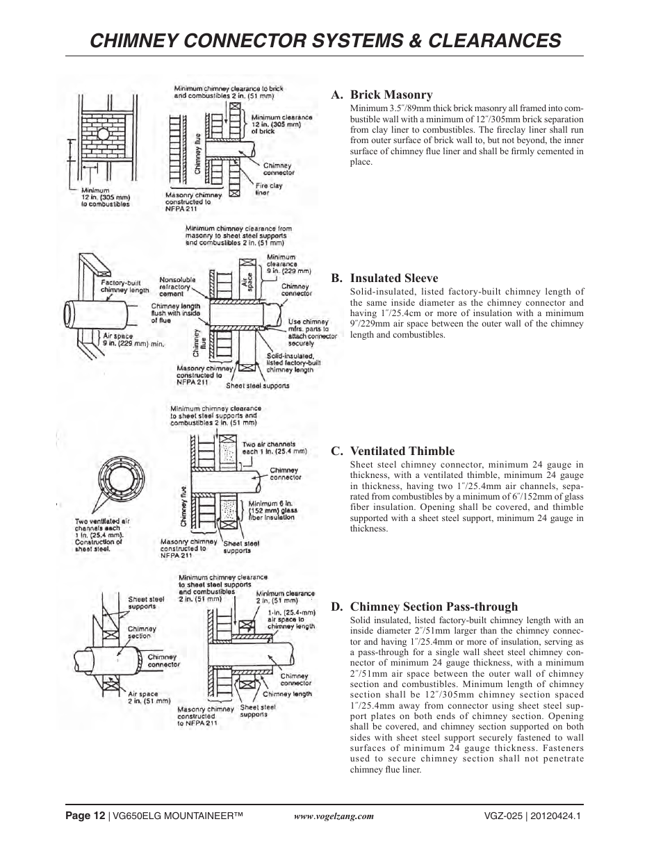 Chimney connector systems & clearances | Vogelzang VG650ELG (new as of 2013) User Manual | Page 12 / 22