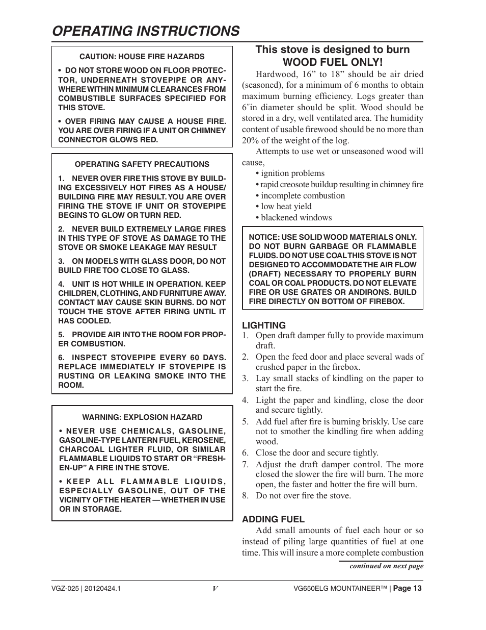 Operating instructions, 4his wood fuel only | Vogelzang VG650ELG (new as of 2013) User Manual | Page 13 / 22