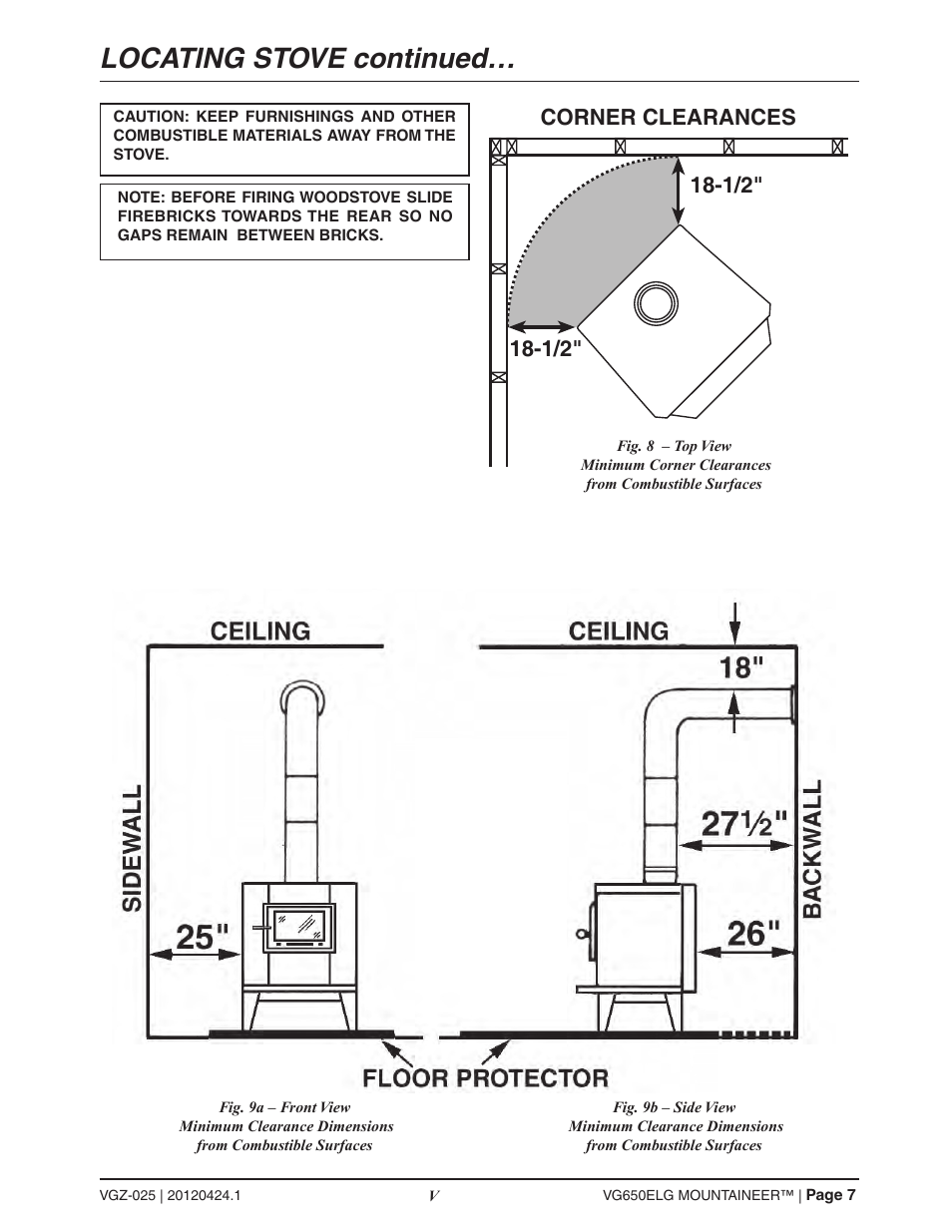 Locating stove continued, 1/2" corner clearances | Vogelzang VG650ELG (new as of 2013) User Manual | Page 7 / 22