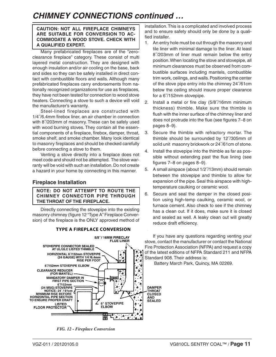 Chimney connections continued | Vogelzang VG810CL User Manual | Page 11 / 22