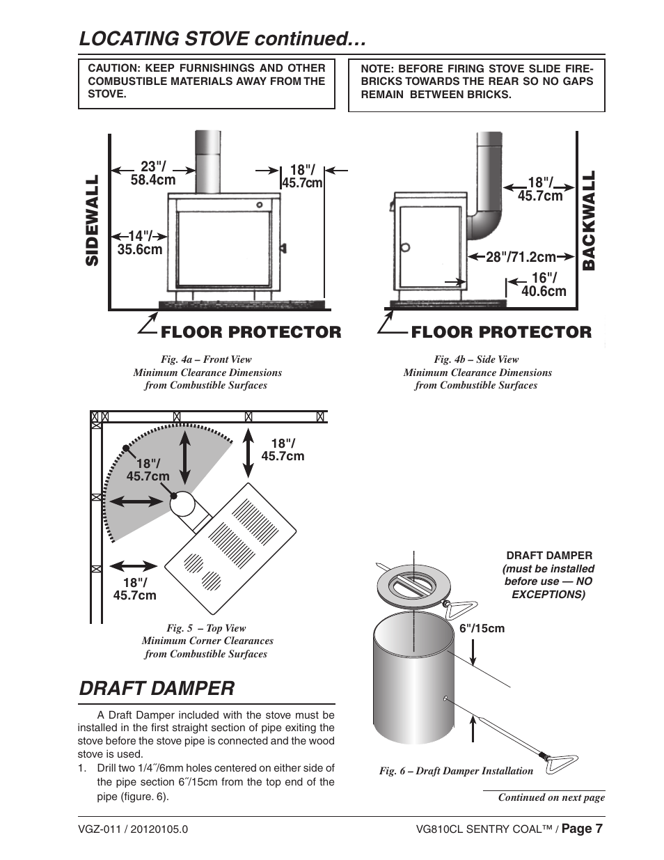 Locating stove continued, Draft damper, Floor protector | Floor protector backw all sidew all | Vogelzang VG810CL User Manual | Page 7 / 22