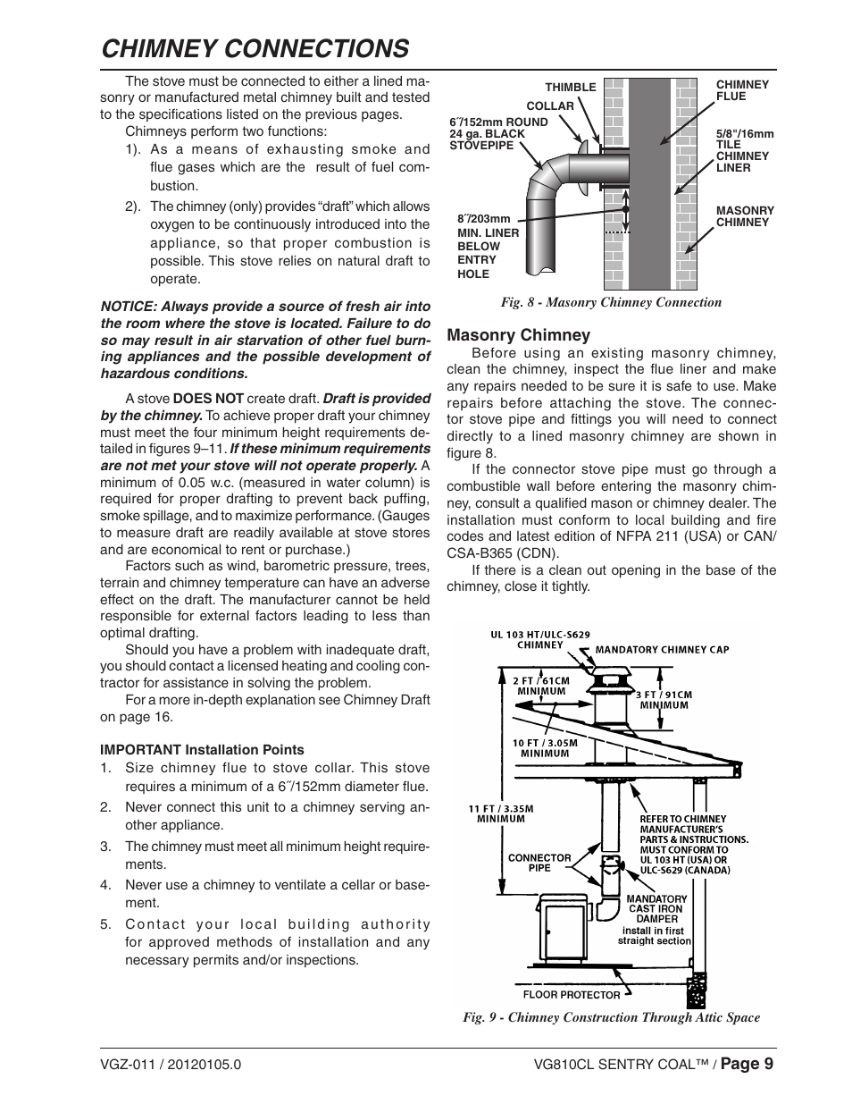 Chimney connections | Vogelzang VG810CL User Manual | Page 9 / 22