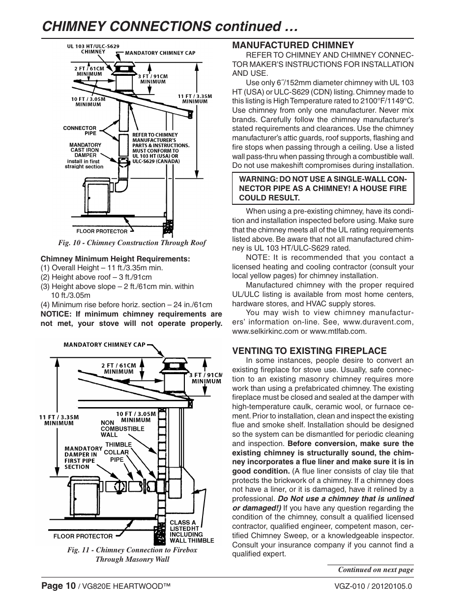 Chimney connections continued | Vogelzang VG820E User Manual | Page 10 / 20