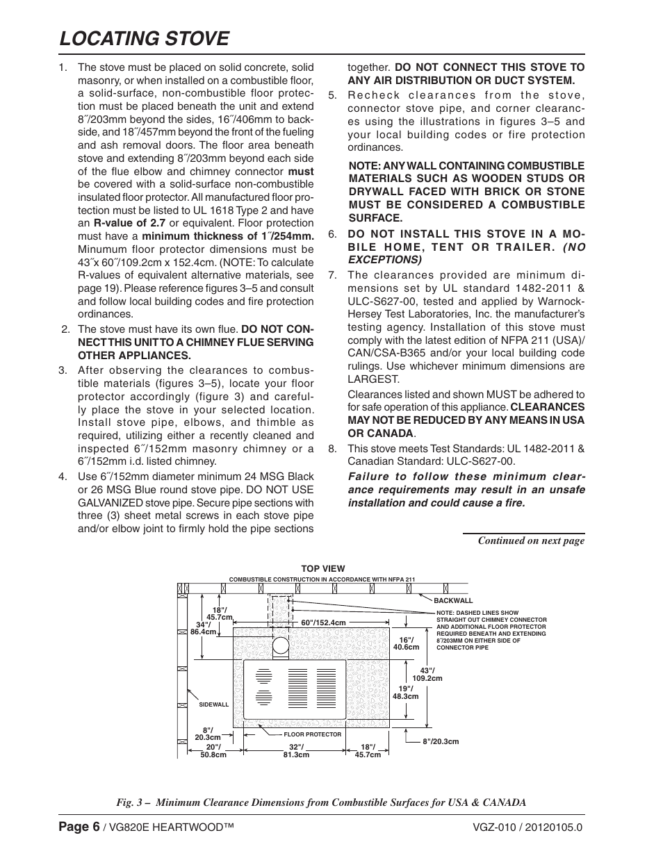 Locating stove, Page 6 | Vogelzang VG820E User Manual | Page 6 / 20