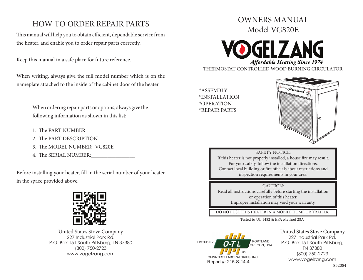 Vogelzang VG820E (new as of 2013) User Manual | 10 pages