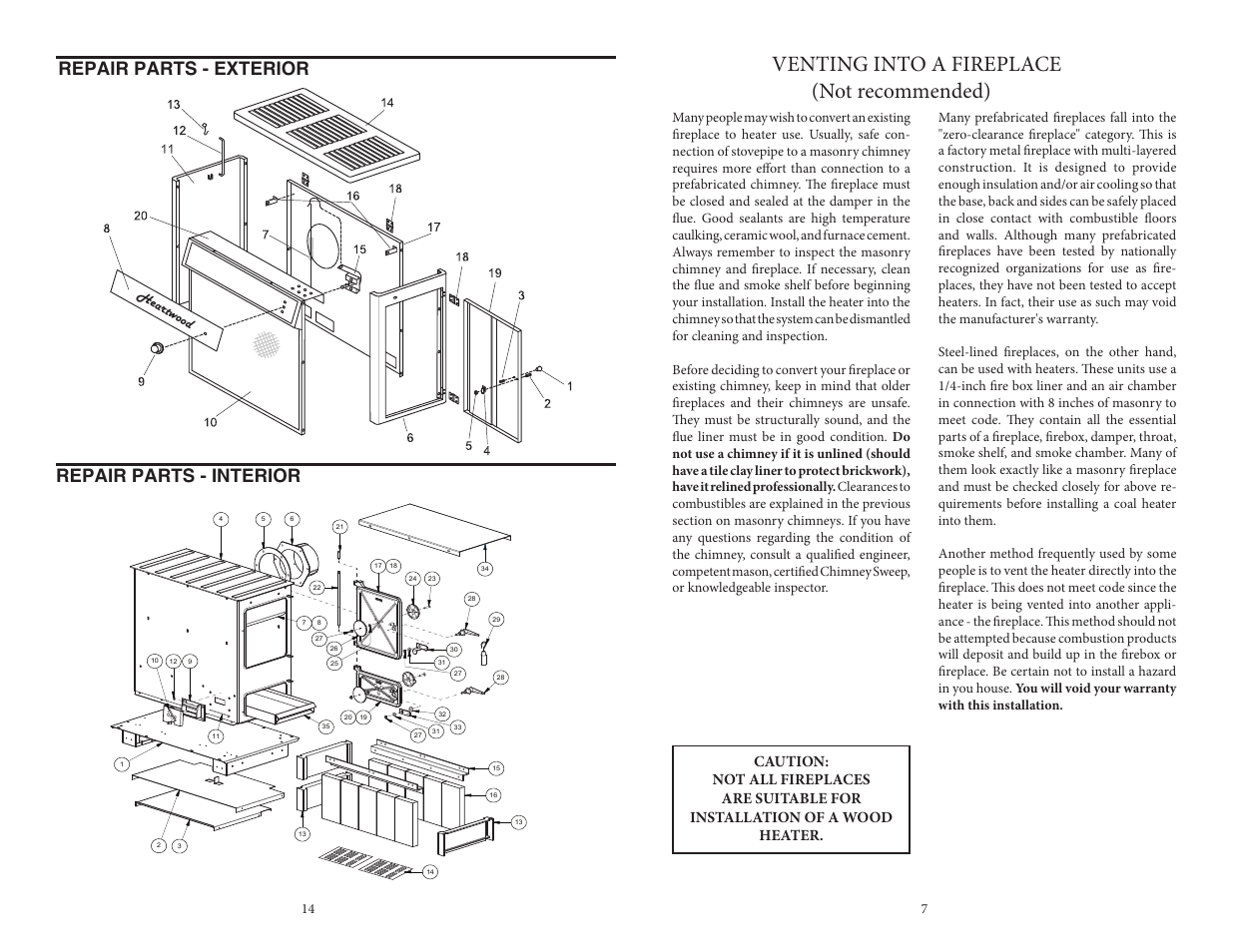 Venting into a fireplace (not recommended), Repair parts - exterior repair parts - interior | Vogelzang VG820E (new as of 2013) User Manual | Page 7 / 10