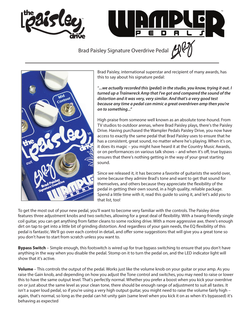 Wampler Pedals Brad Paisley Signature Overdrive Pedal User Manual | 2 pages