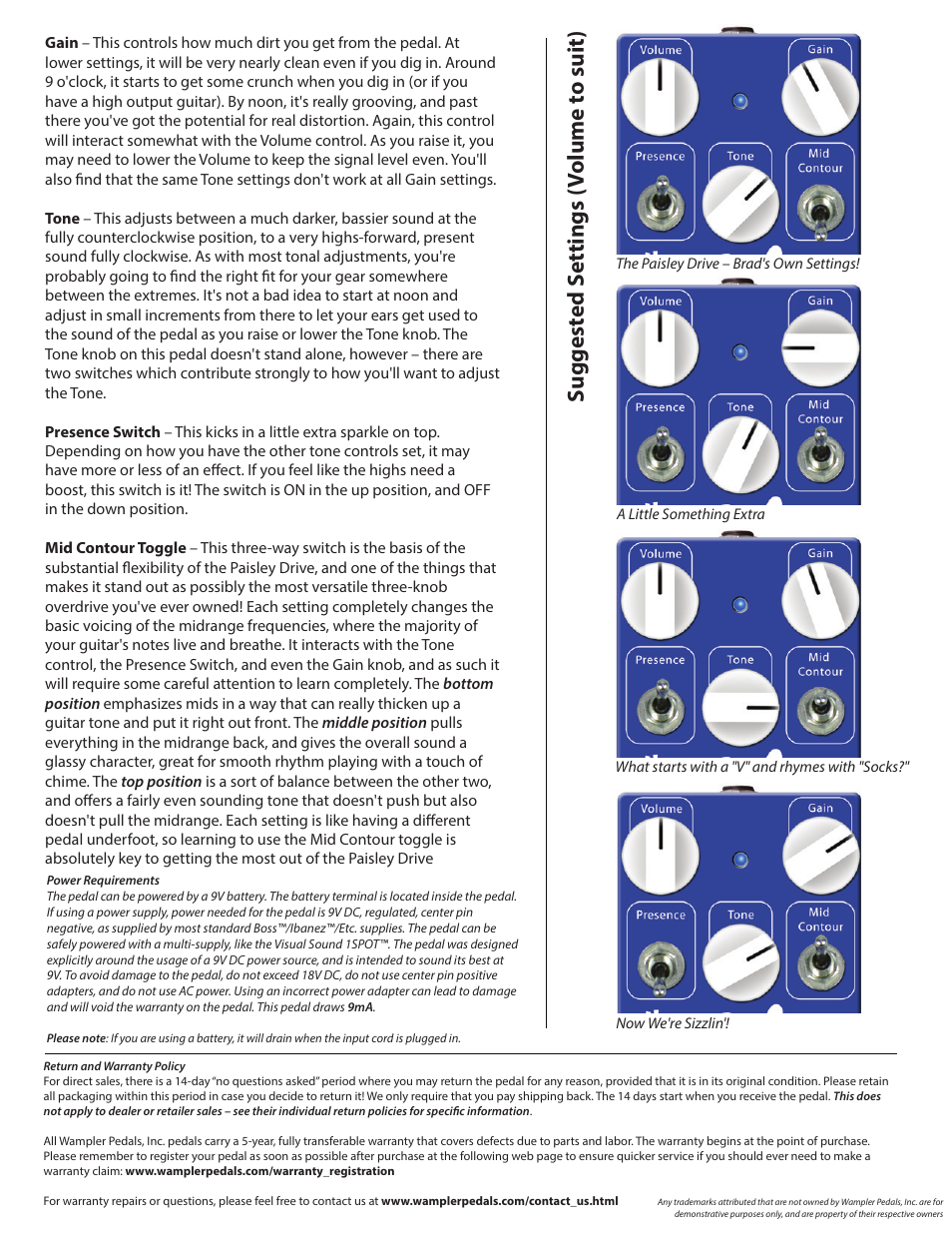 Paisley2, Suggest ed s ettings ( volume t o suit) | Wampler Pedals Brad Paisley Signature Overdrive Pedal User Manual | Page 2 / 2