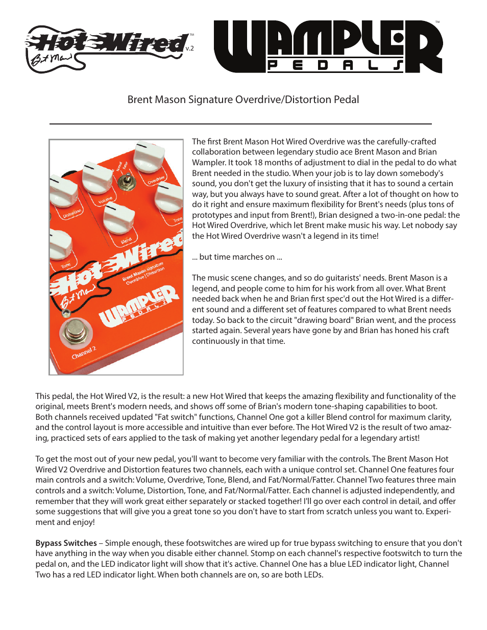 Wampler Pedals Brent Mason Signature Overdrive/Distortion Pedal User Manual | 2 pages