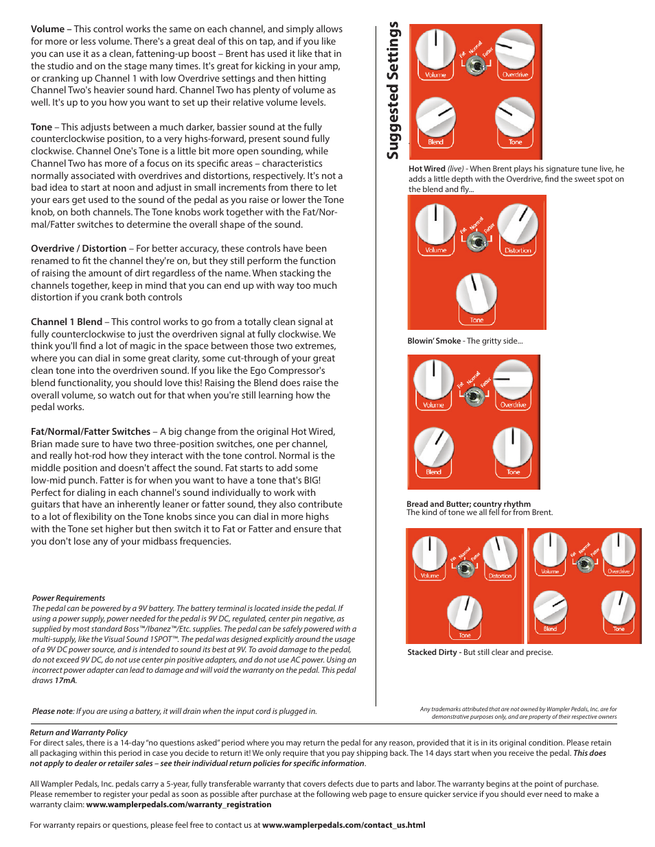 Hot wired 2, Suggest ed s ettings | Wampler Pedals Brent Mason Signature Overdrive/Distortion Pedal User Manual | Page 2 / 2