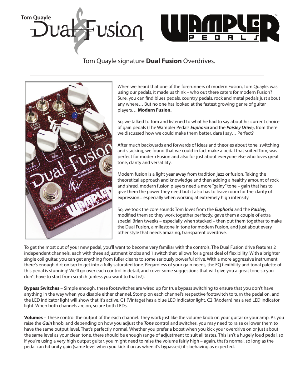Wampler Pedals Tom Quayle Signature Dual Fusion Overdrives User Manual | 2 pages