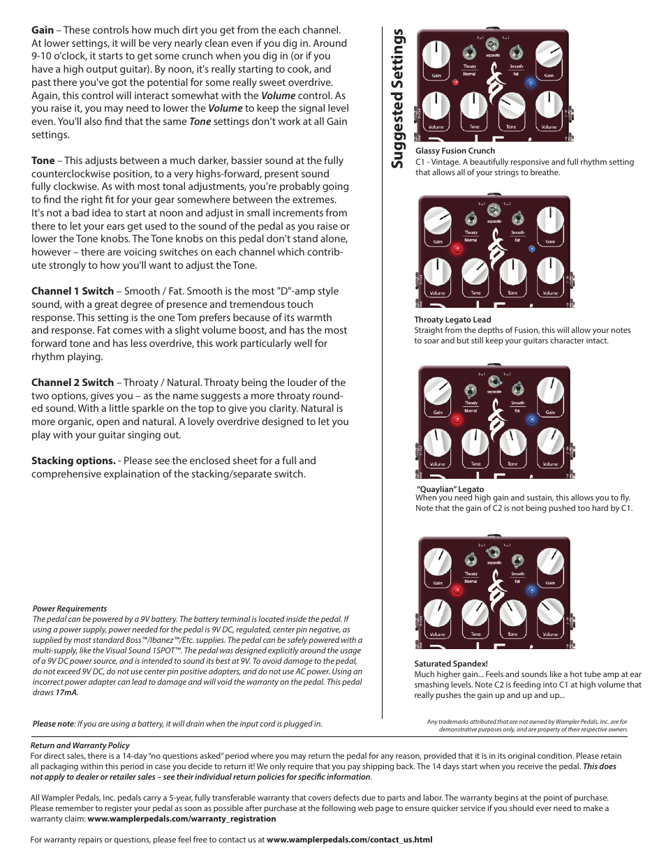 Suggest ed s ettings | Wampler Pedals Tom Quayle Signature Dual Fusion Overdrives User Manual | Page 2 / 2