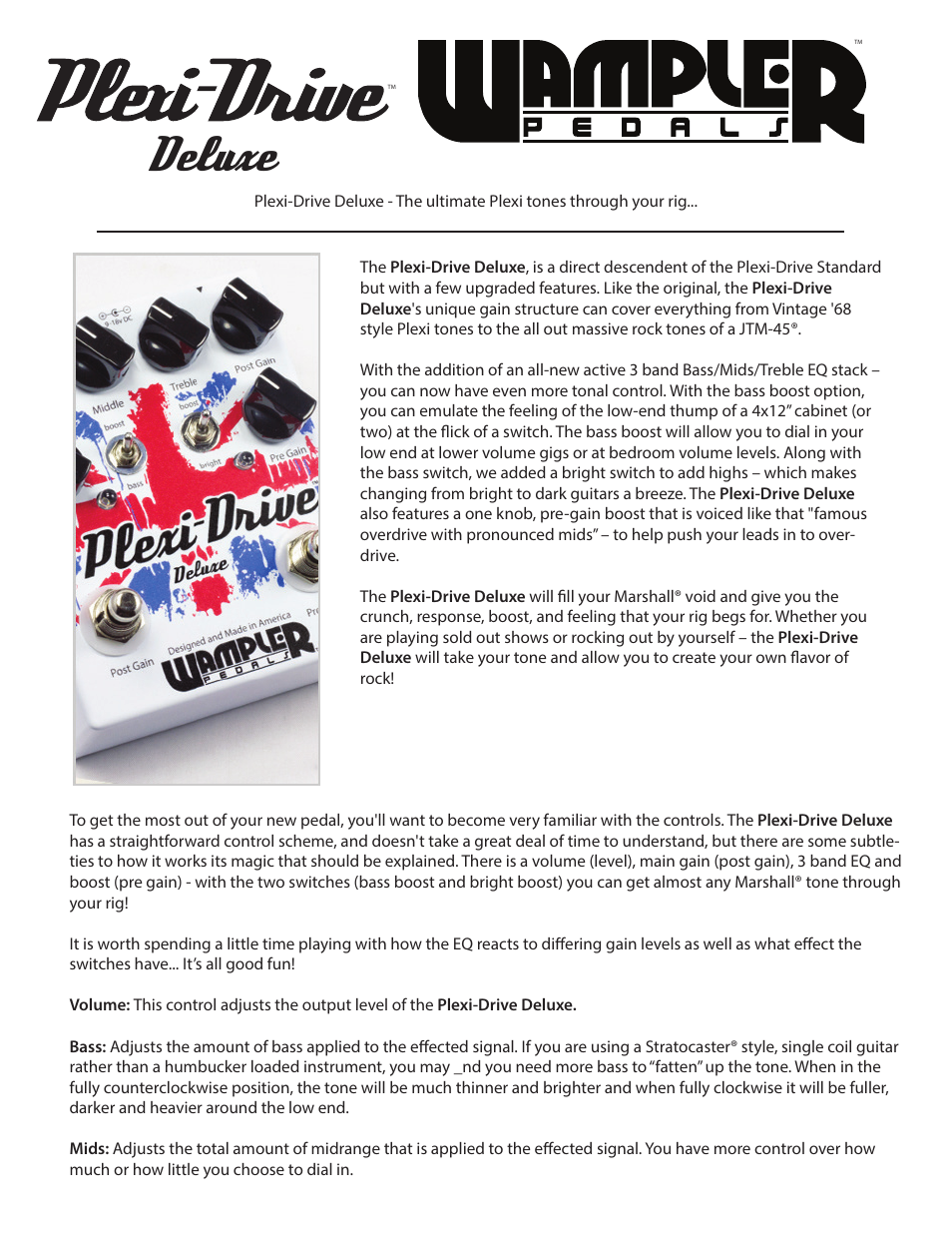 Wampler Pedals Plexi-Drive Deluxe User Manual | 2 pages