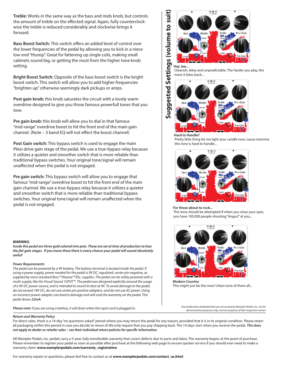 Pdd2, Suggest ed s ettings (v olume t o suit) | Wampler Pedals Plexi-Drive Deluxe User Manual | Page 2 / 2