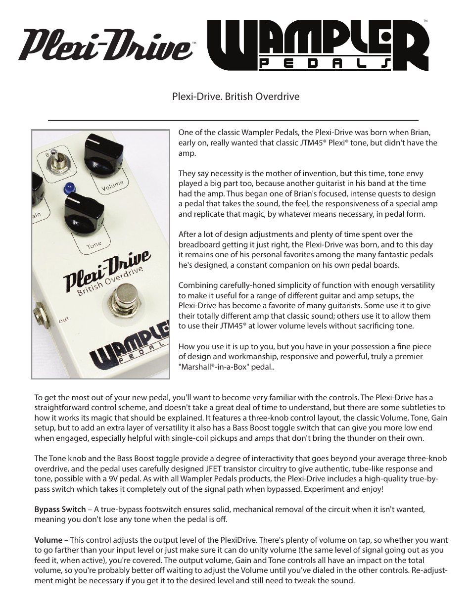 Wampler Pedals Plexi-Drive. British Overdrive User Manual | 2 pages