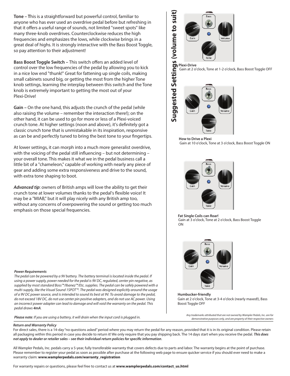 Plexi2, Suggest ed s ettings (v olume t o suit) | Wampler Pedals Plexi-Drive. British Overdrive User Manual | Page 2 / 2