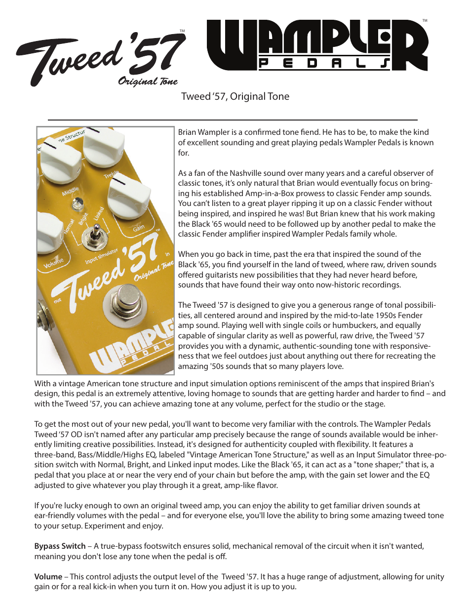 Wampler Pedals Tweed ‘57, Original Tone User Manual | 2 pages