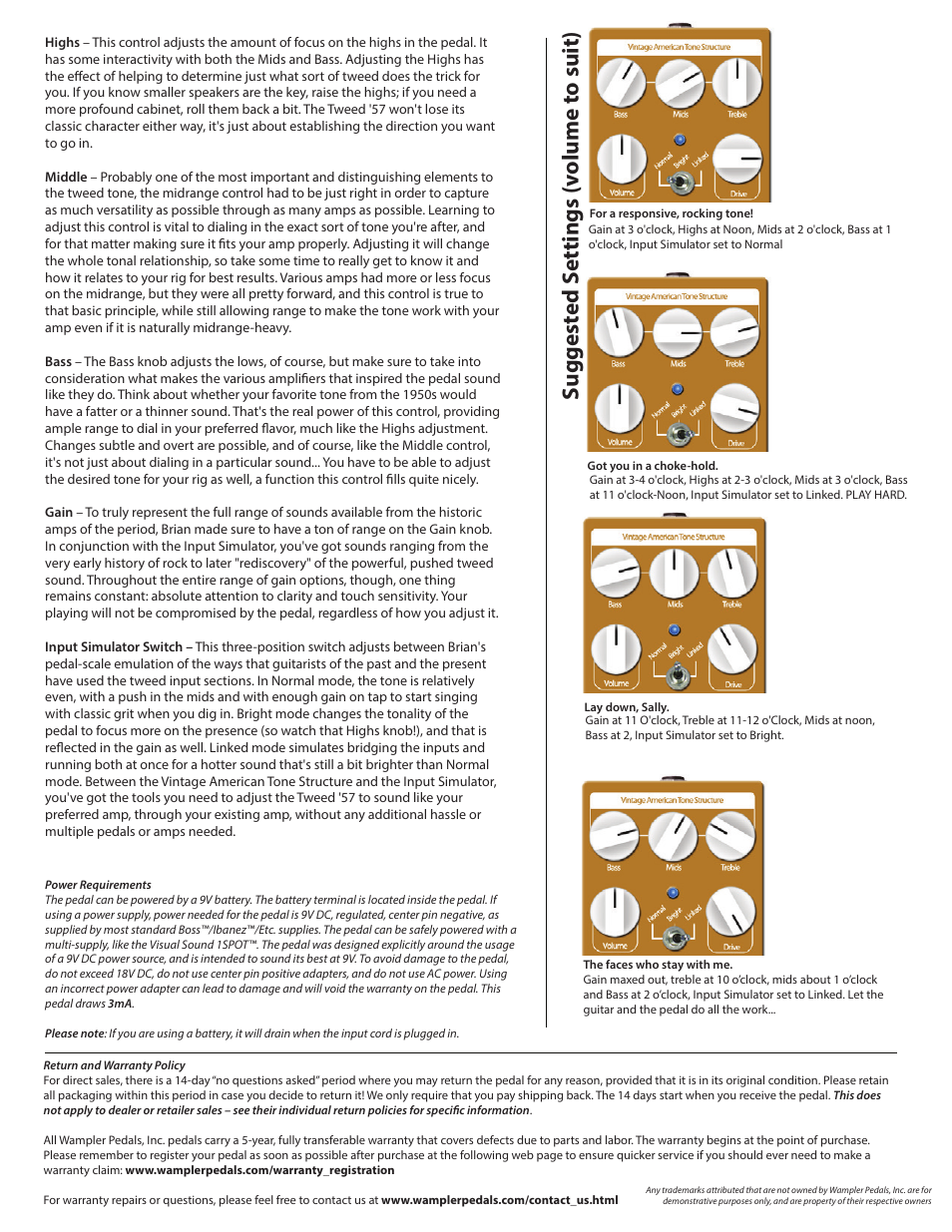 T57 2, Suggest ed s ettings (v olume t o suit) | Wampler Pedals Tweed ‘57, Original Tone User Manual | Page 2 / 2