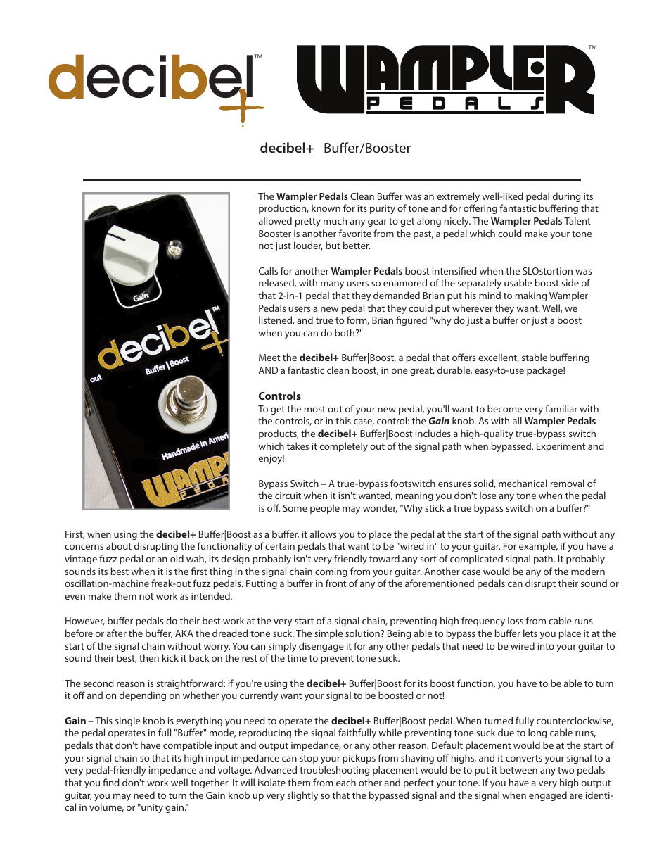 Wampler Pedals decibel+ Buer/Booster User Manual | 2 pages