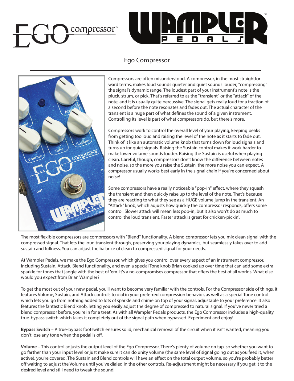 Wampler Pedals Ego Compressor User Manual | 2 pages