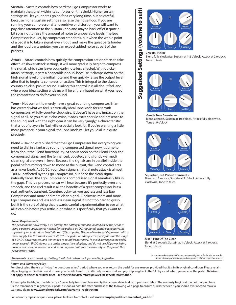 Ego 2, Suggest ed s ettings (v olume t o suit) | Wampler Pedals Ego Compressor User Manual | Page 2 / 2