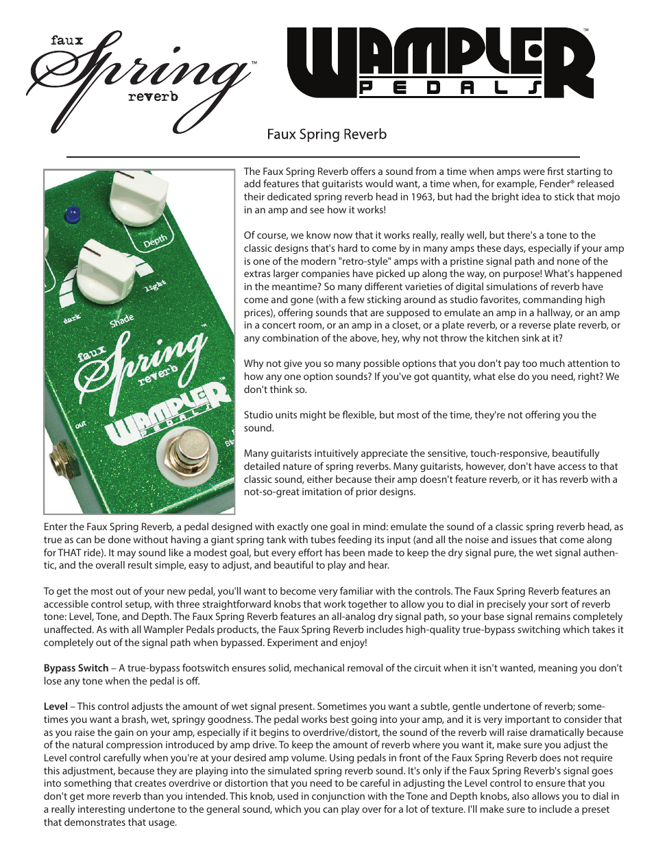 Wampler Pedals Faux Spring Reverb User Manual | 2 pages