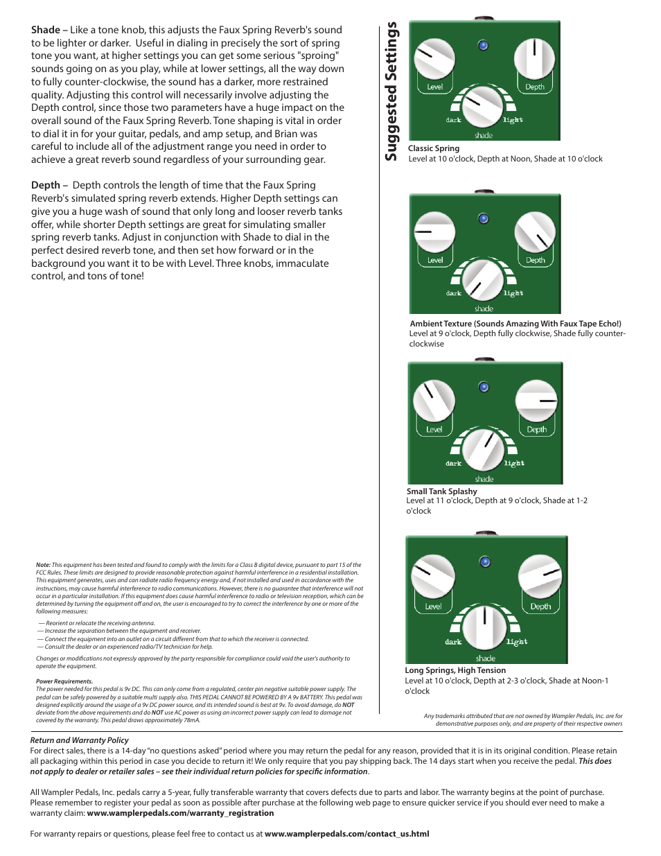 Fsr2, Suggest ed s ettings | Wampler Pedals Faux Spring Reverb User Manual | Page 2 / 2