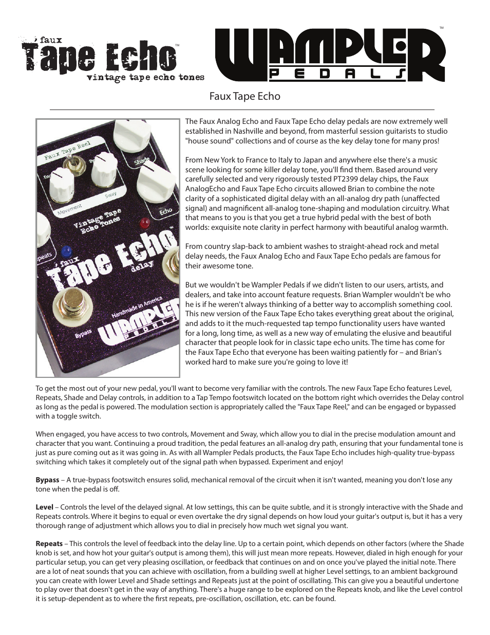 Wampler Pedals Faux Tape Echo User Manual | 2 pages