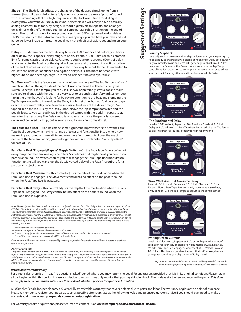 Fte2, Suggest ed s ettings | Wampler Pedals Faux Tape Echo User Manual | Page 2 / 2
