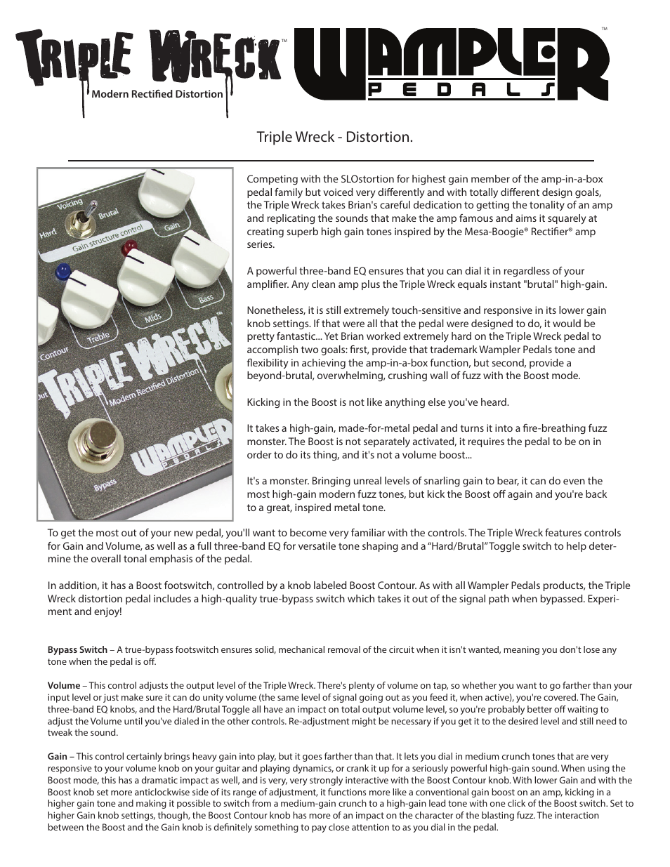 Wampler Pedals Triple Wreck - Distortion User Manual | 2 pages