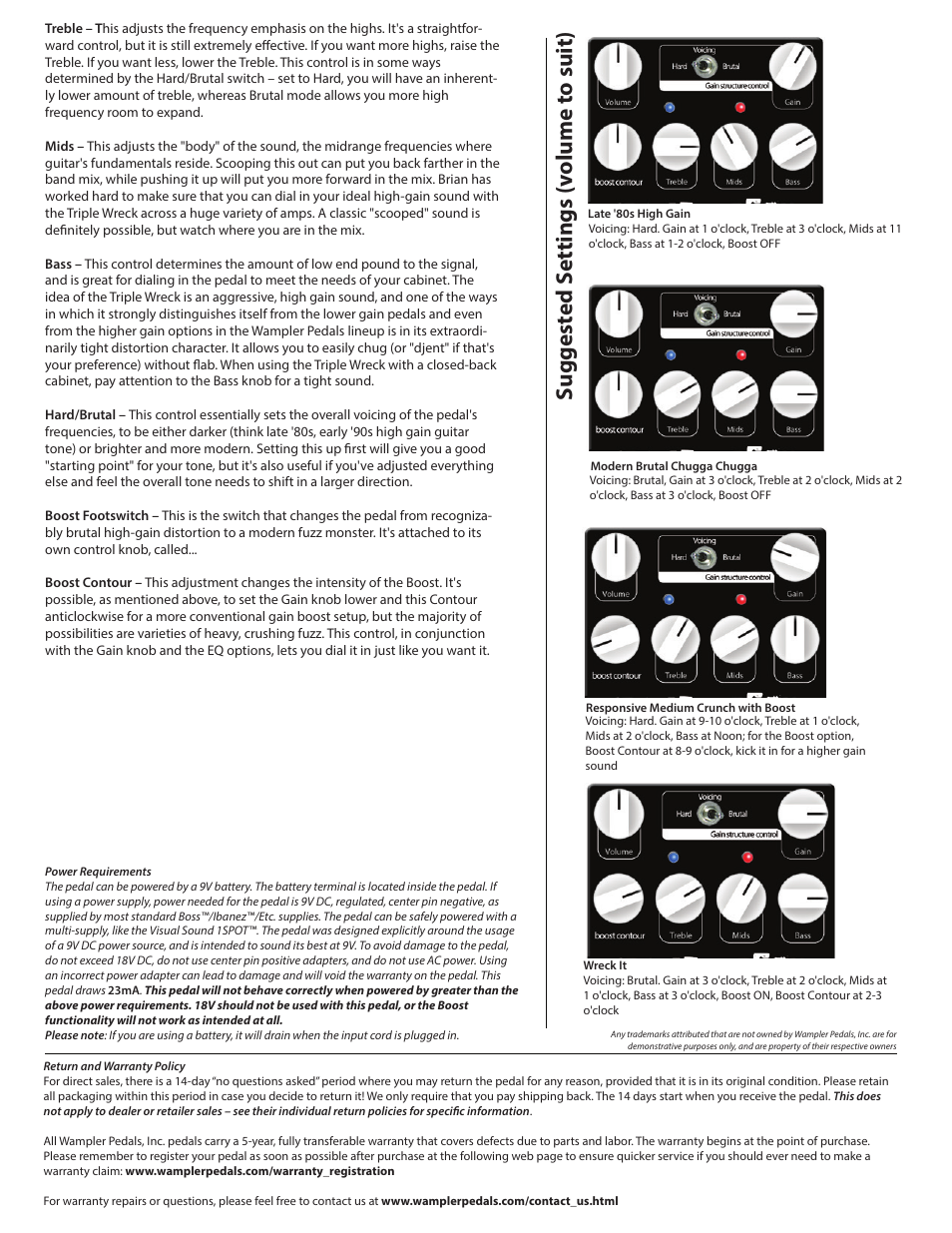 Tw 2, Suggest ed s ettings (v olume t o suit) | Wampler Pedals Triple Wreck - Distortion User Manual | Page 2 / 2
