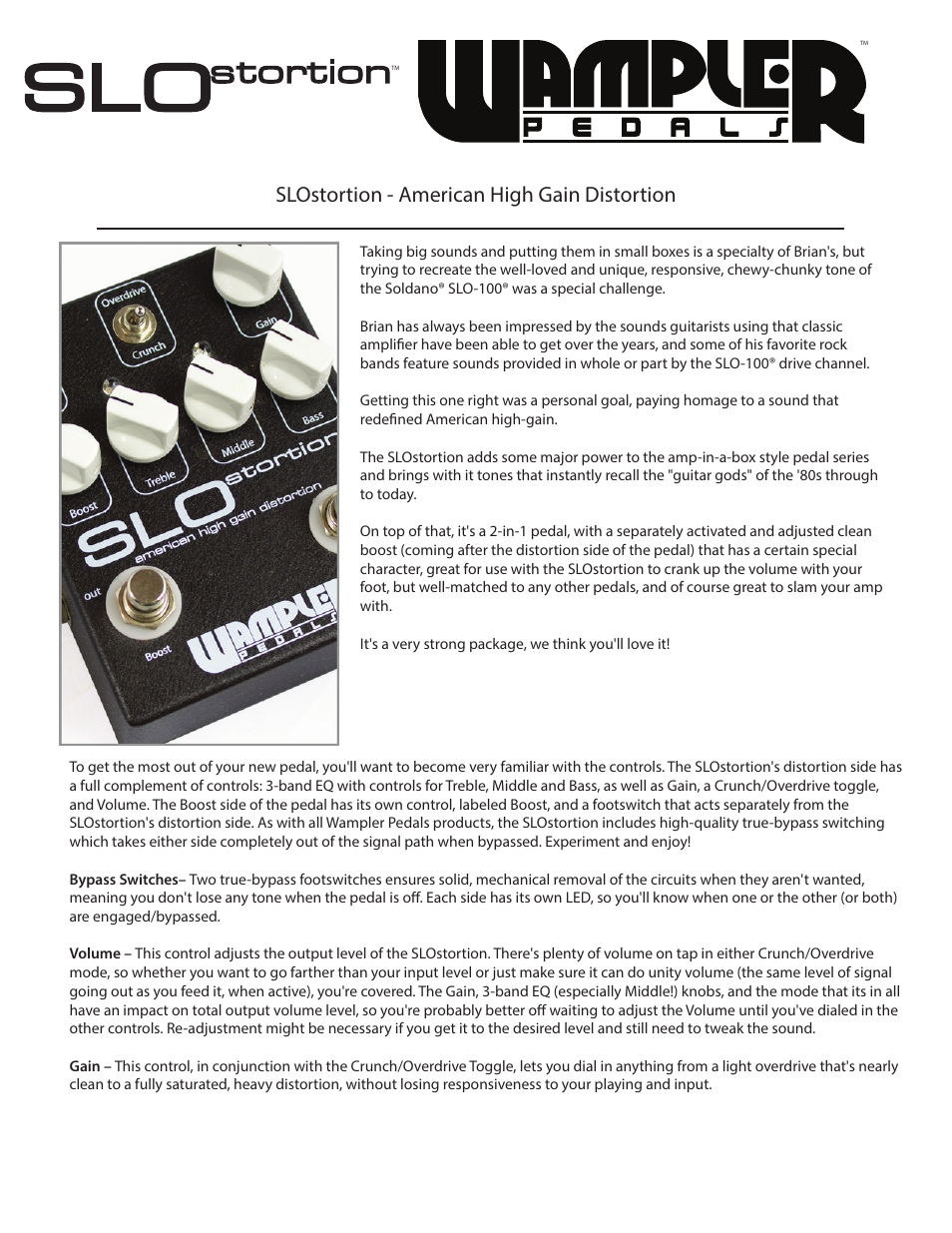 Wampler Pedals SLOstortion - American High Gain Distortion User Manual | 2 pages