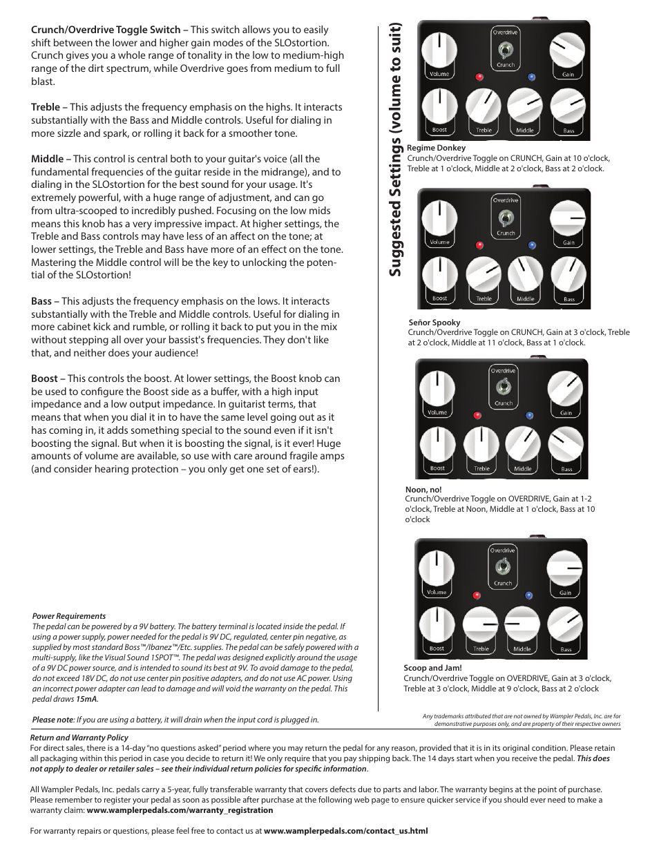 Slo 2, Suggest ed s ettings (v olume t o suit) | Wampler Pedals SLOstortion - American High Gain Distortion User Manual | Page 2 / 2