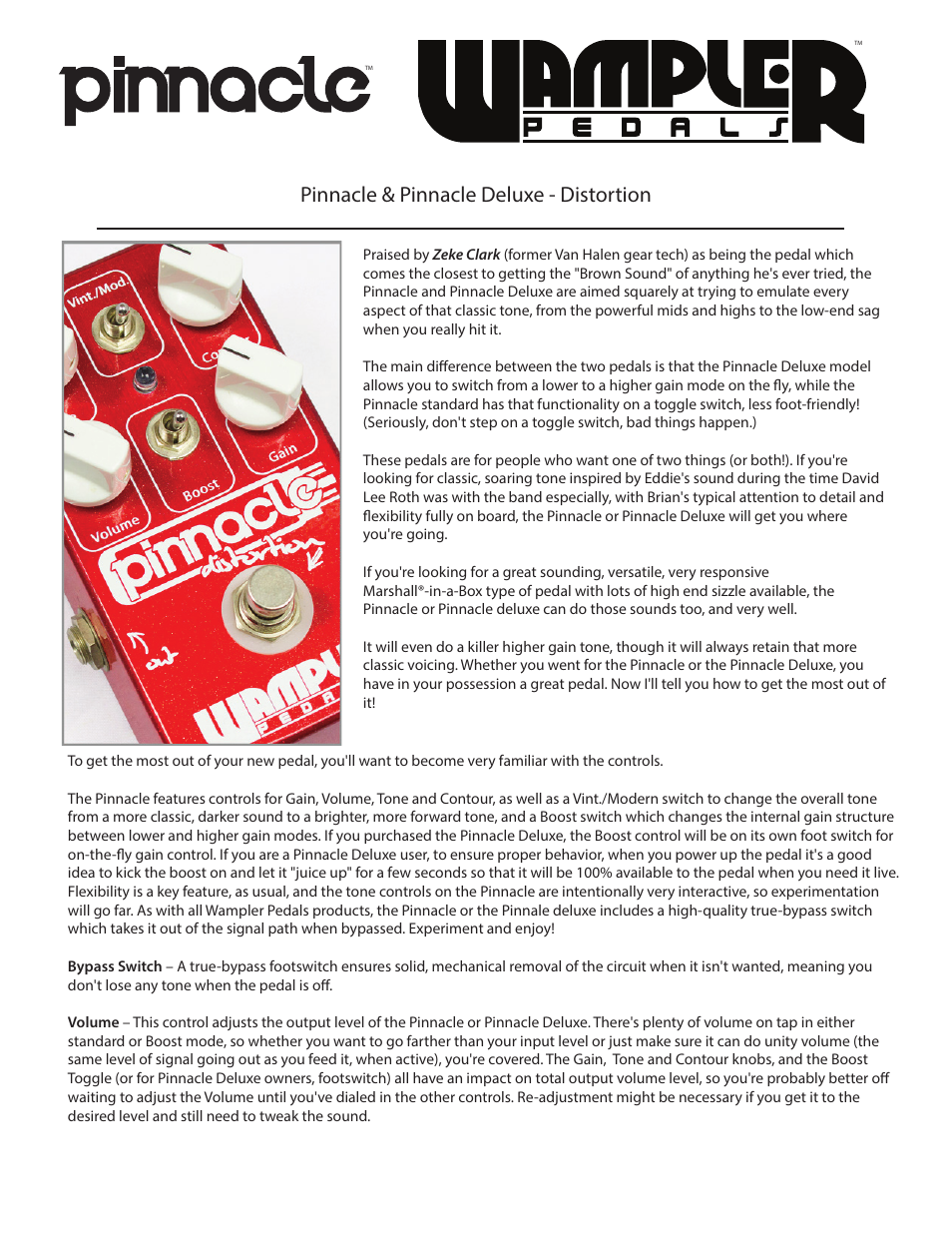 Wampler Pedals Pinnacle & Pinnacle Deluxe - Distortion User Manual | 2 pages