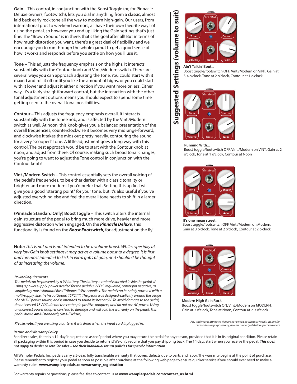 Pinn2, Suggest ed s ettings (v olume t o suit) | Wampler Pedals Pinnacle & Pinnacle Deluxe - Distortion User Manual | Page 2 / 2