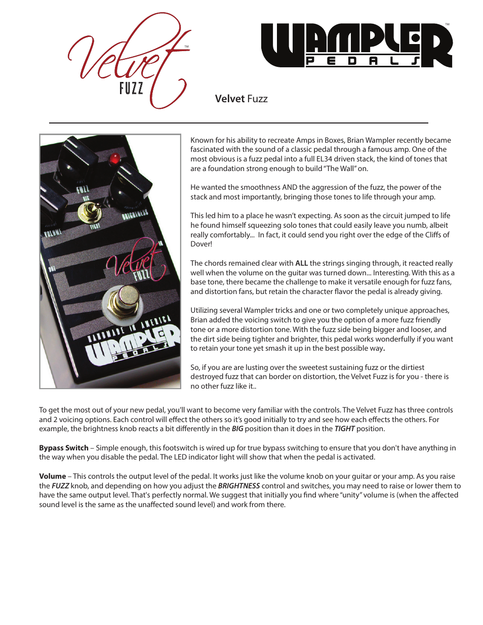 Wampler Pedals Velvet Fuzz User Manual | 2 pages