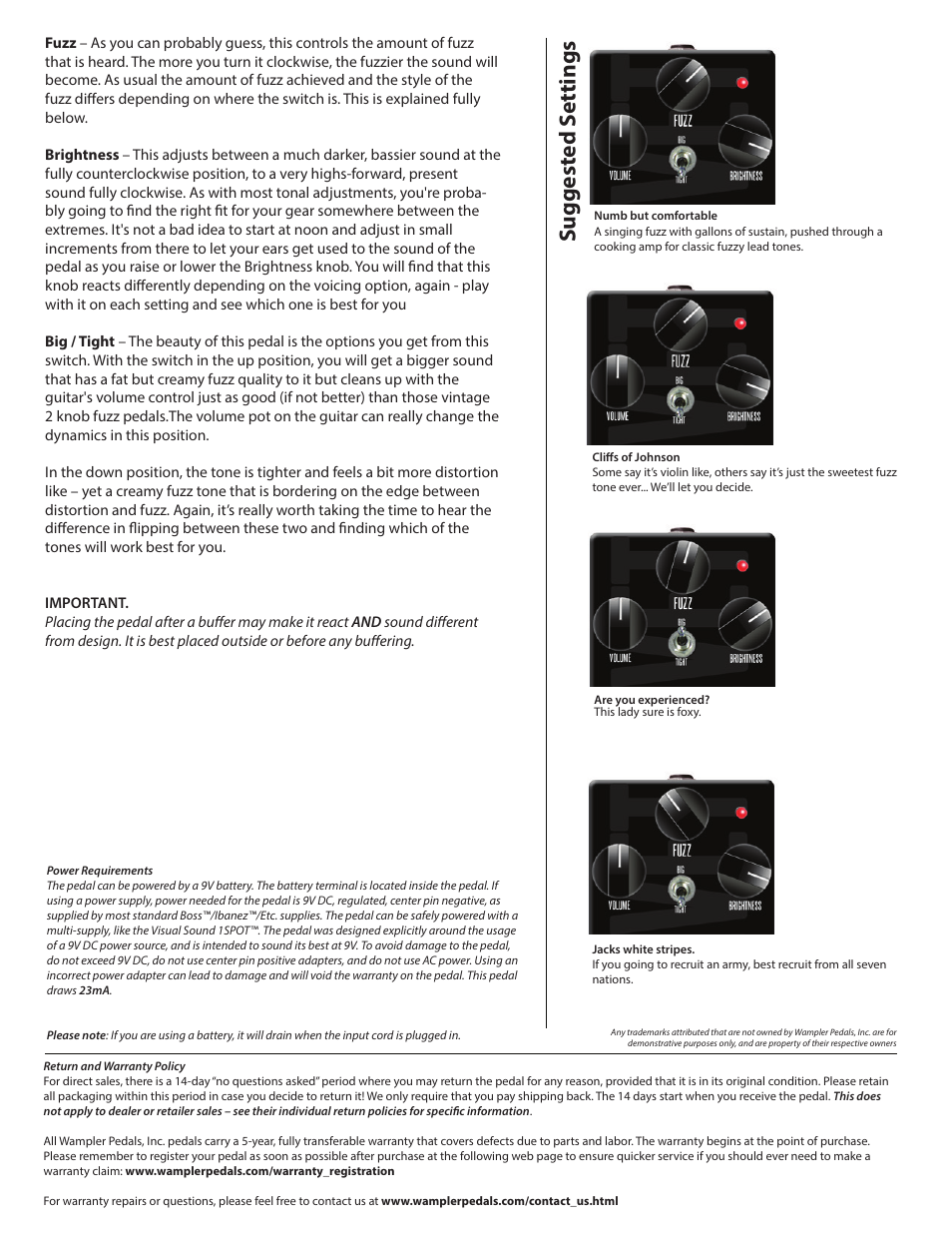 Velvet2, Suggest ed s ettings | Wampler Pedals Velvet Fuzz User Manual | Page 2 / 2