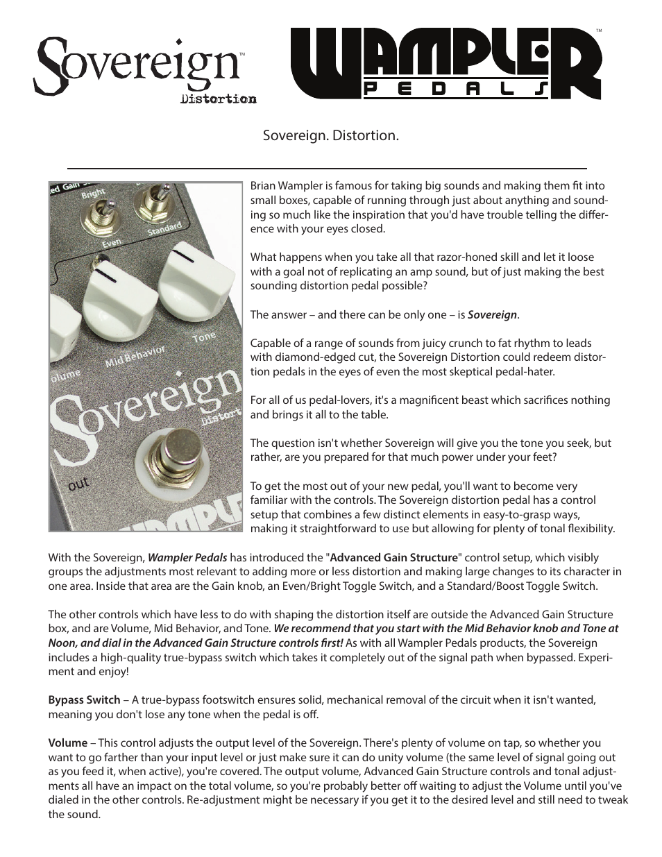 Wampler Pedals Sovereign. Distortion. User Manual | 2 pages