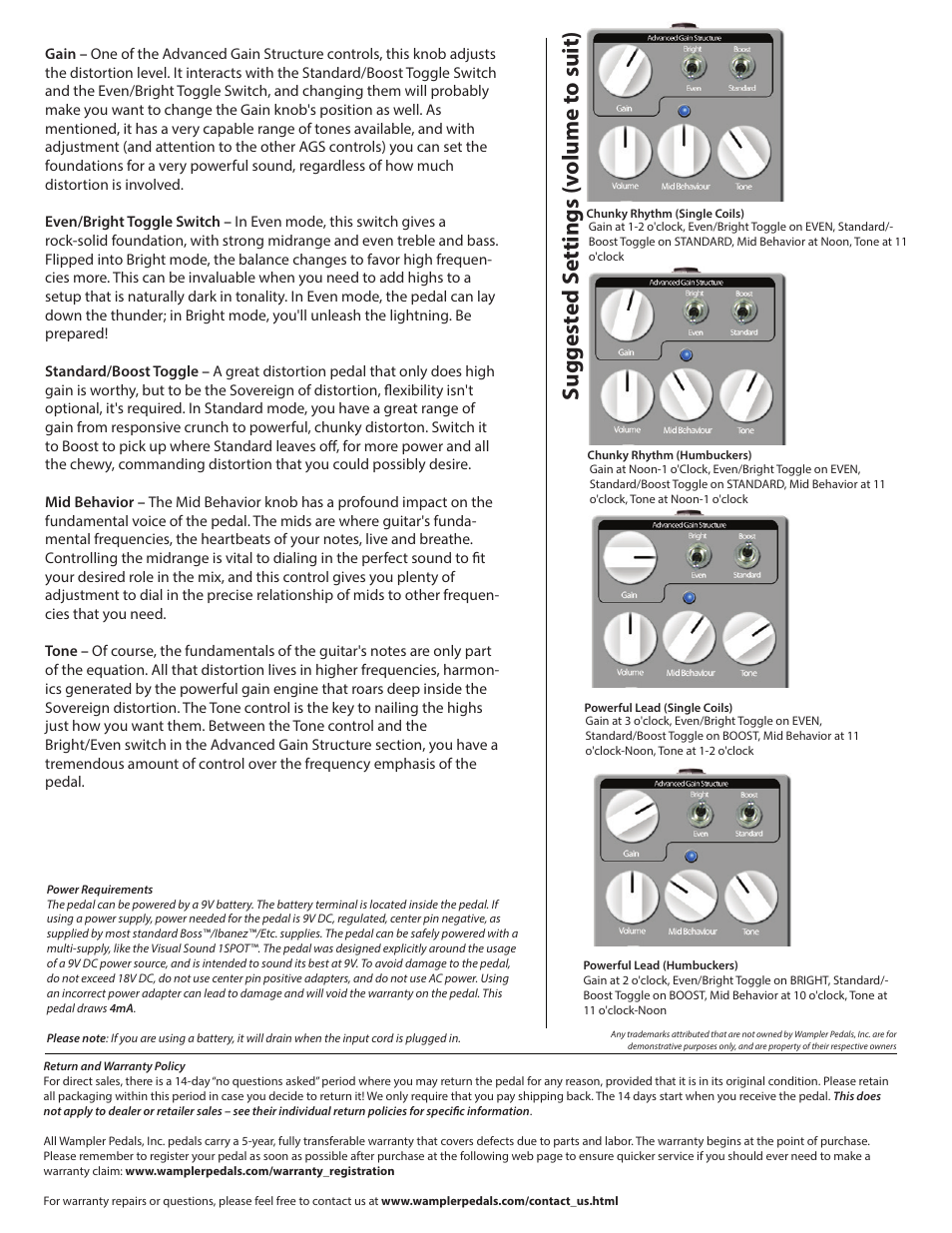 Sov 2, Suggest ed s ettings (v olume t o suit) | Wampler Pedals Sovereign. Distortion. User Manual | Page 2 / 2