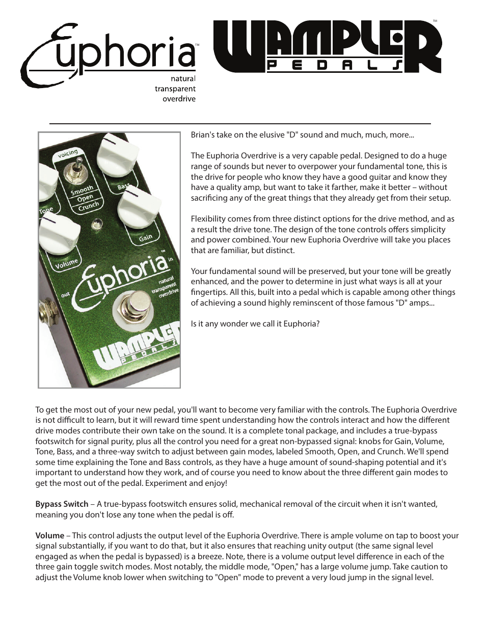 Wampler Pedals Euphoria User Manual | 2 pages