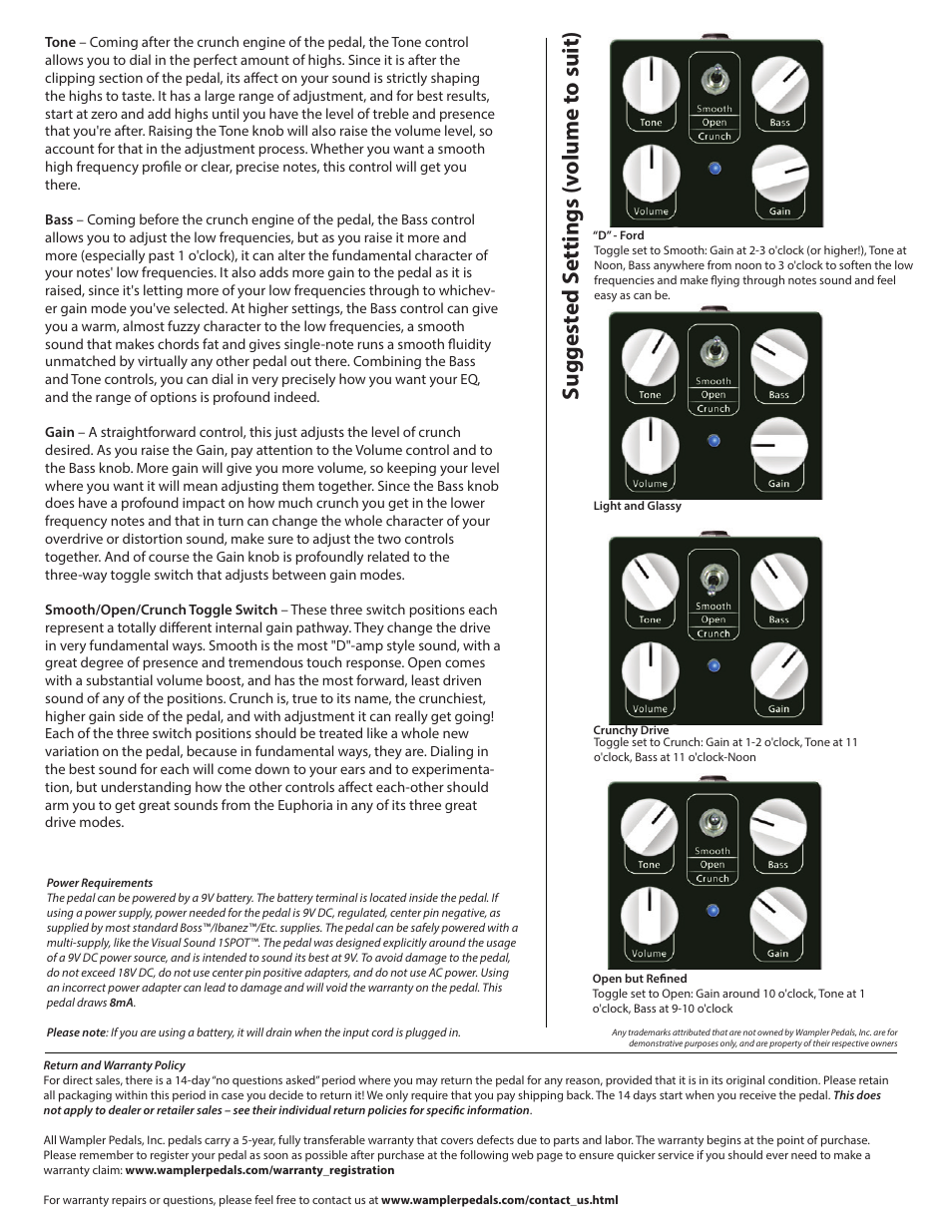 Euphoria 2, Suggest ed s ettings (v olume t o suit) | Wampler Pedals Euphoria User Manual | Page 2 / 2