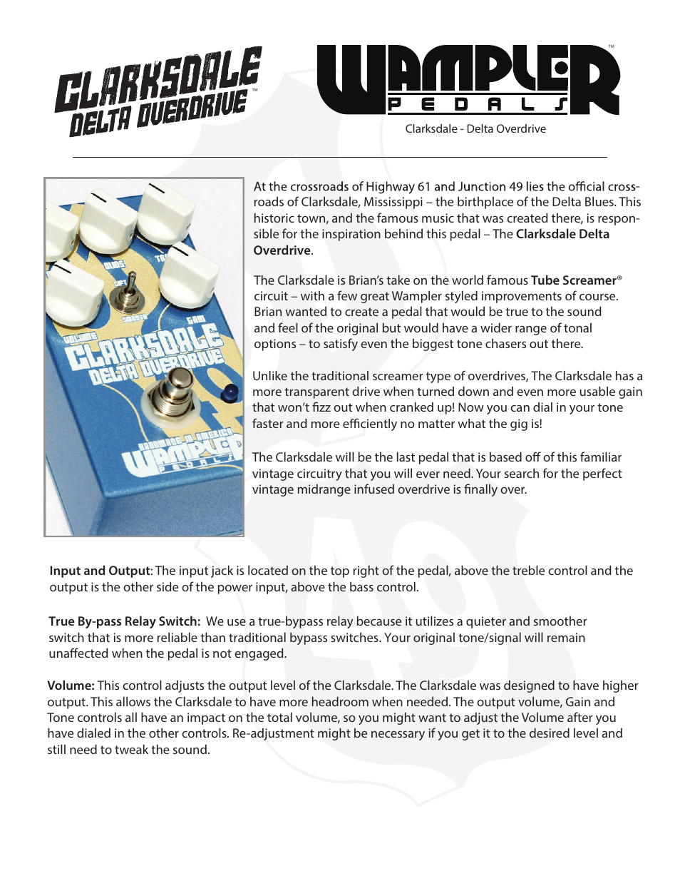 Wampler Pedals Clarksdale - Delta Overdrive User Manual | 2 pages