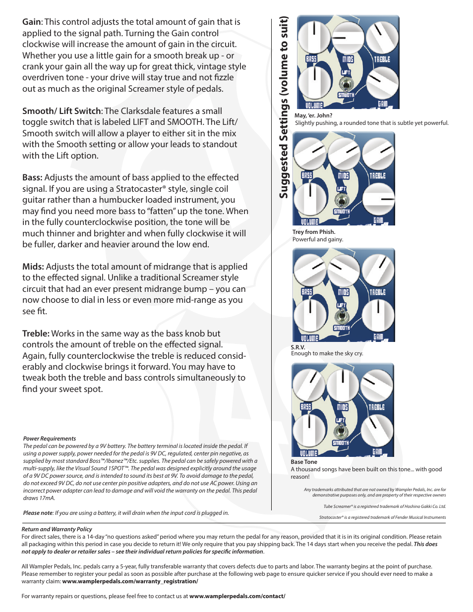Clarksdale_2, Suggest ed s ettings (v olume t o suit) | Wampler Pedals Clarksdale - Delta Overdrive User Manual | Page 2 / 2