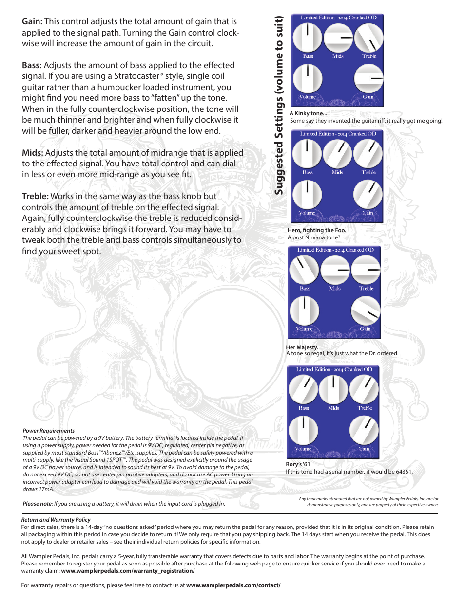 Crankedod_2_full, Suggest ed s ettings (v olume t o suit) | Wampler Pedals Cranked OD - 2014 Limited Edition Overdrive User Manual | Page 2 / 2