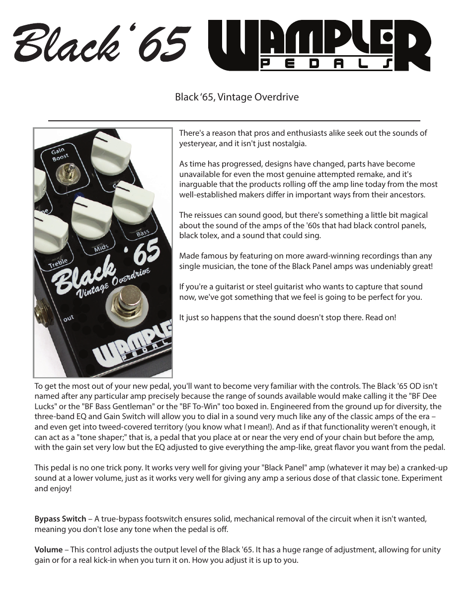 Wampler Pedals Black ‘65, Vintage Overdrive User Manual | 2 pages