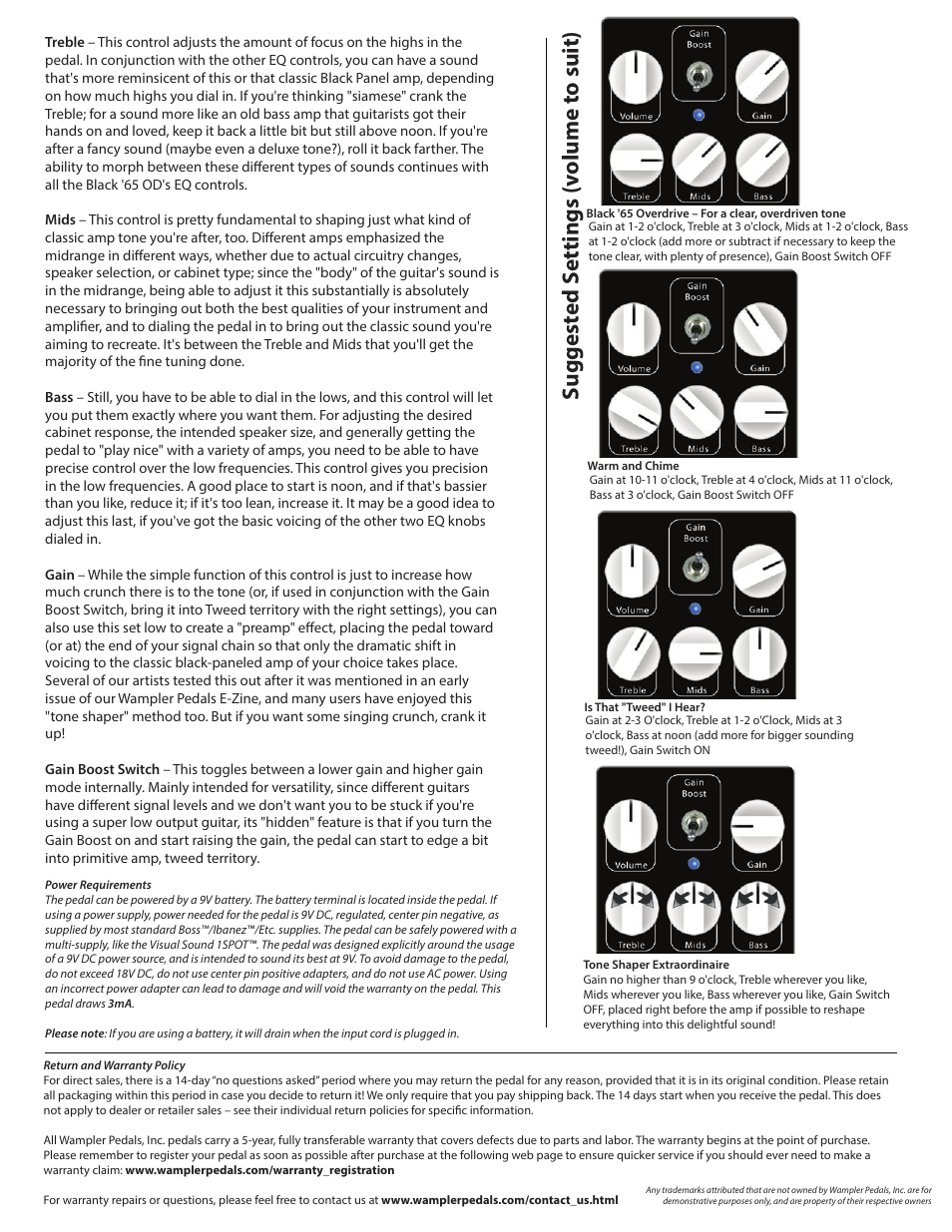 B65 2, Suggest ed s ettings (v olume t o suit) | Wampler Pedals Black ‘65, Vintage Overdrive User Manual | Page 2 / 2